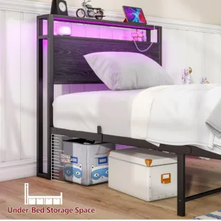 Cama Metal Madera con Luces LED Azul