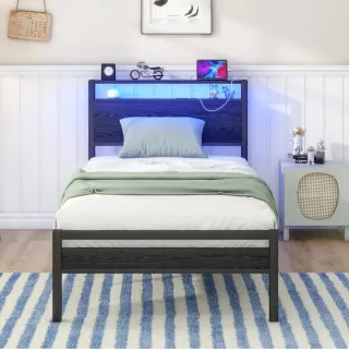 Cama Metal Madera con Luces LED Azul