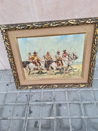 Cuadro de caballos enmarcado, pintor andaluz Ruiz