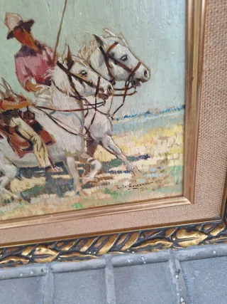 Cuadro de caballos enmarcado, pintor andaluz Ruiz