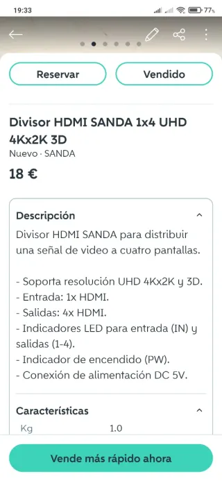 Divisor HDMI SANDA ,4K x 2K 3D UHD 1 x 4 Tv's