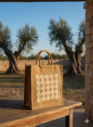 Borsa juta con centrino antico salentino