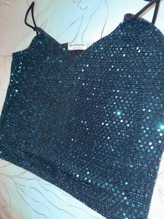 Top lentejuelas celeste Stradivarius Talla S