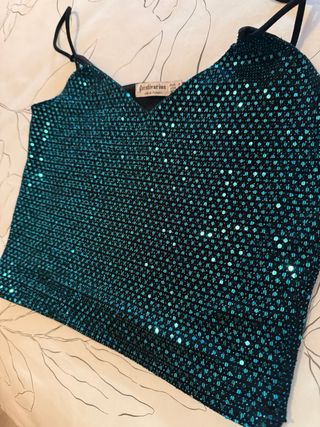 Top lentejuelas celeste Stradivarius Talla S