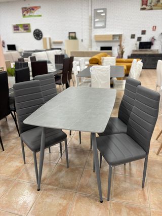 Mesa Comedor + 4 Sillas Polipiel Gris