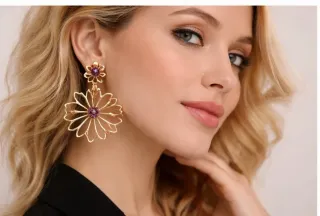 Pendientes dorados flor con detalle morado