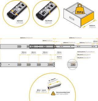 10x Guías cajón 45x600mm cierre suave negras