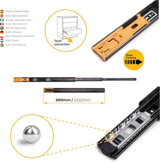 10x Guías cajón 45x600mm cierre suave negras