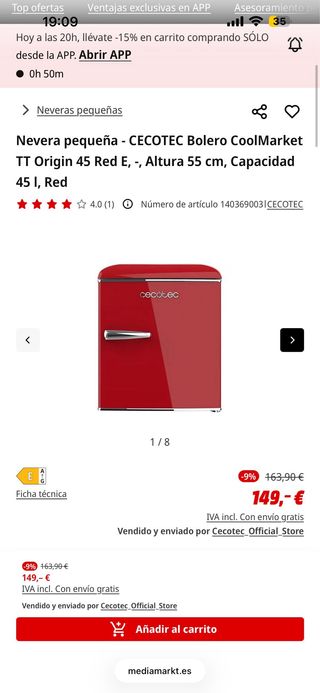 Nevera Cecotec Bolero Roja