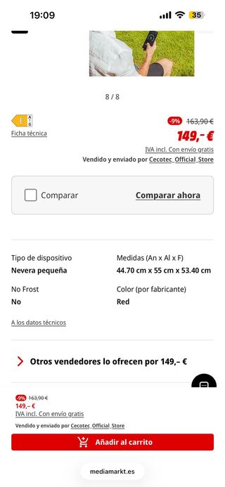 Nevera Cecotec Bolero Roja
