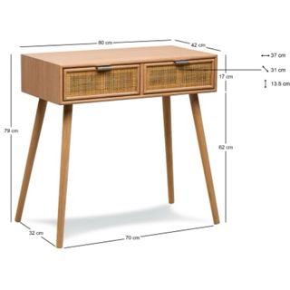 Mesa consola 2 cajón en madera y ratán