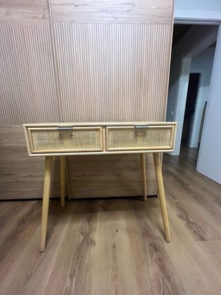 Mesa consola 2 cajón en madera y ratán