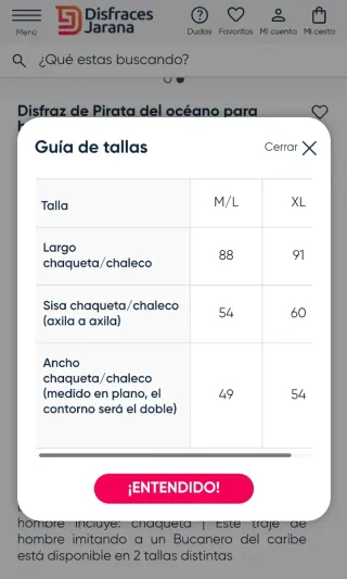 Disfraz Pirata Hombre Talla XL
