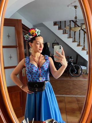 Traje Flamenca Rociero Azul y buganvilla