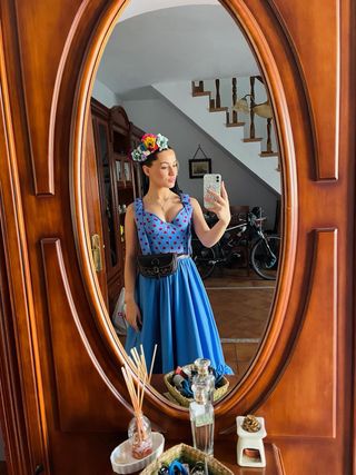 Traje Flamenca Rociero Azul y buganvilla