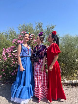 Traje Flamenca Rociero Azul y buganvilla