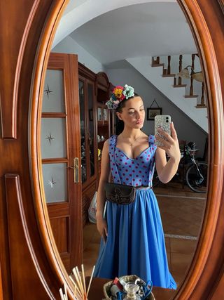 Traje Flamenca Rociero Azul y buganvilla