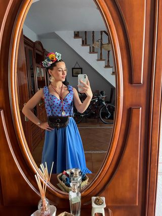 Traje Flamenca Rociero Azul y buganvilla