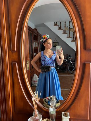 Traje Flamenca Rociero Azul y buganvilla