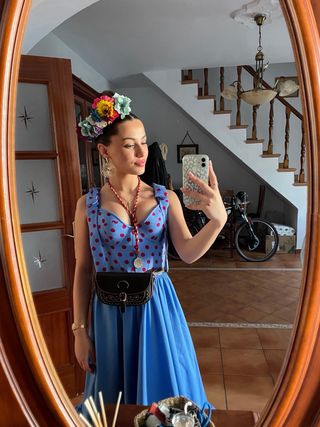 Traje Flamenca Rociero Azul y buganvilla