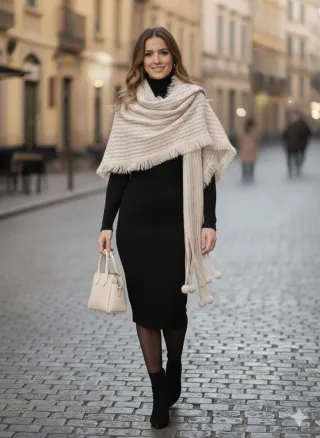 Maxibufanda Boho Beige con Pompones (220cm)