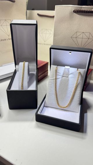 Cadena y Pulsera tejido chino plana Baño Oro 18k