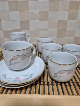 Set 6 Tazas Café con Platos Borde Dorado