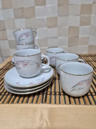 Set 6 Tazas Café con Platos Borde Dorado