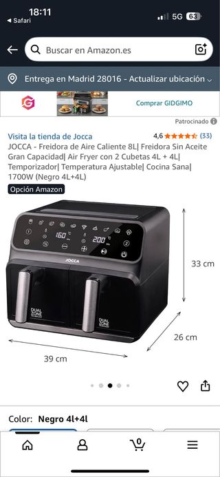 Freidora de Aire JOCCA 8L Doble Zona