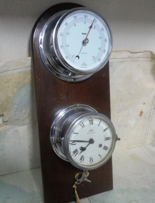 Reloj y Barómetro Barco Cromado Antiguo