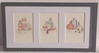 2 Set di 3 stampe vintage profumi in cornice 40x20
