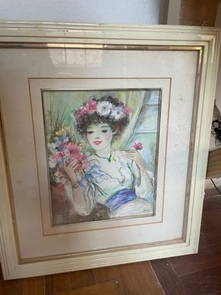 Cuadro antiguo mujer con flores