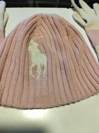Gorro y guantes niña Ralph Lauren rosa y blanco