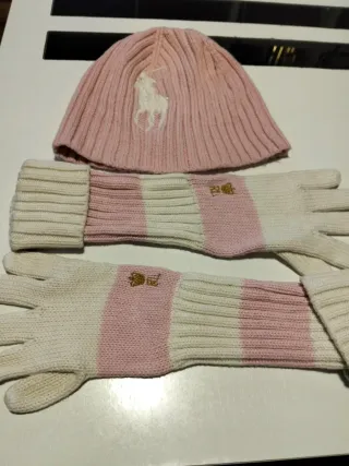 Gorro y guantes niña Ralph Lauren rosa y blanco