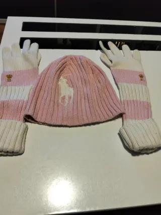 Gorro y guantes niña Ralph Lauren rosa y blanco
