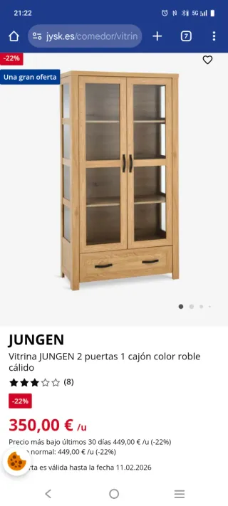 Vitrina JYSK Roble 2 Puertas + 1 Cajón Roble Claro