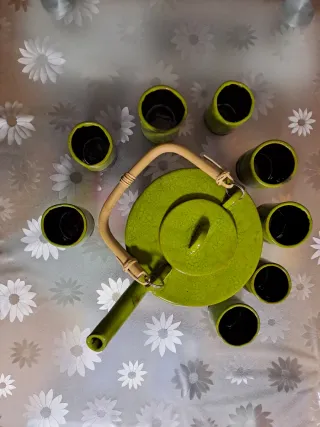 Juego de té cerámica verde lima y marrón