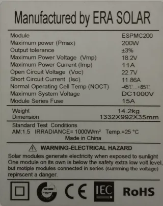 Placa Solar ERA SOLAR 200W