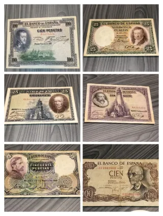 Lote 6 Billetes Españoles Antiguos Pesetas