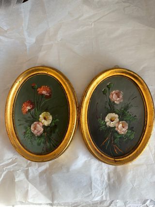 2 Cuadros Ovalados Flores Dorados
