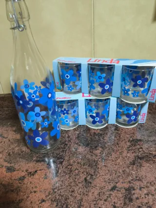 Juego Botella y Vasos Flores Azules