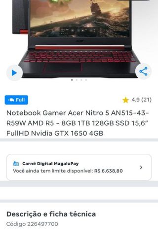 Notebook Acer Nitro 5 Ryzen 5