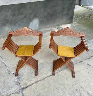 Coppia Sedie Savonarola Vintage Legno Velluto