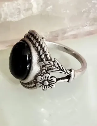 Anillo Flor Plata 925 y Onix Negro