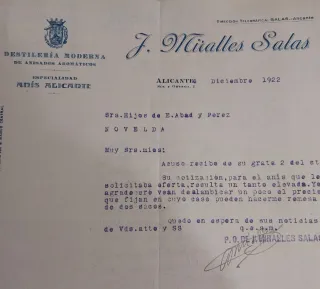 Carta J. Miralles Salas - Anís Alicante 1922