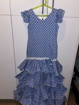 Traje Flamenca Celeste Lunares Blancos