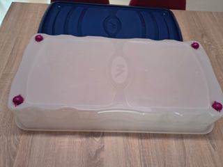 Caja de almacenaje azul y blanca con ruedas