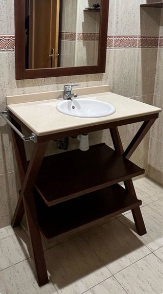 Conjunto Lavabo, Mueble y Espejo Madera/Piedra