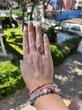 Anillo Plata Cuarzo Rosa Gota Ajustable