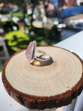 Anillo Plata Cuarzo Rosa Gota Ajustable